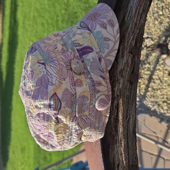 Accessories - Purple Floral Hat 100% Cotton Elastic Back Purple Yellow Teal Cream Cadet Style